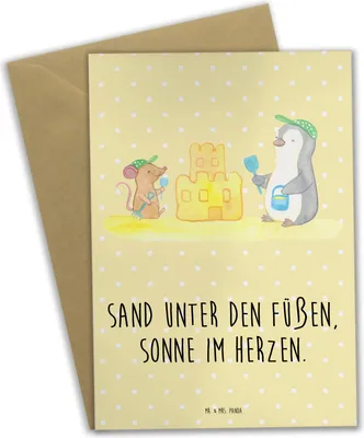 Produktbild von Mr. & Mrs. Panda Klappkarte Sommer Meer Strand - Gelb Pastell - Geschenk, babykarte, Urlaub Am, Küstenurlaub, einladungskarten, Sommerferien, Frühling, Küste, Kuscheln