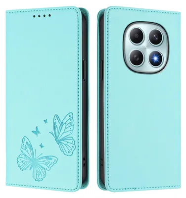 Produktbild von Lederhülle für Xiaomi Redmi Note 15 4G, Schmetterling Prägung Leder Brieftasche Schutzhülle mit Ständer Türkis