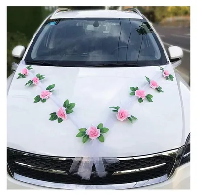 Produktbild von Autoschmuck Hochzeit Deko Girlande mit Rosen und Organzaband Weiß/Rosa