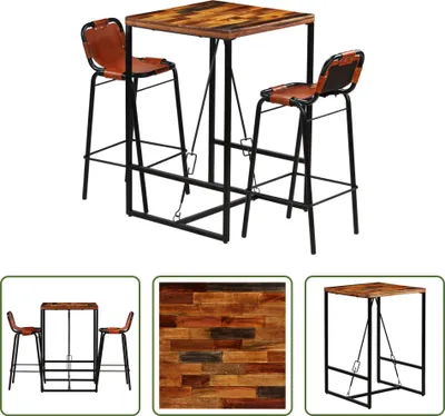 Image de The Living Store Ensemble bar 3 pièces vieux bois massif et cuir de chèvre véritable