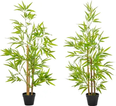 Image de Outsunny Lot de 2 bambous artificiels Hauteur 1,2 m 369 Feuilles denses réalistes Pot Inclus Noir avec Lichen Vert