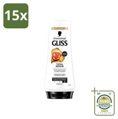 Immagine prodotto di 15 confezioni di balsamo riparatore totale Schwarzkopf Gliss, formato da 200 ml ciascuna. Confezione da 15 pezzi