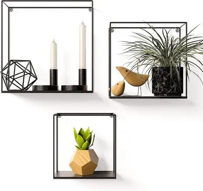 Productafbeelding van Famanu Wandplanken set van 3 - zwart metaal - verschillende maten - decoratieve planken voor woonkamer of keuken - in Japandi-stijl