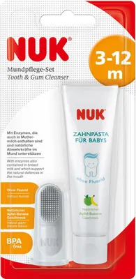 Produktbild von NUK 10.256.396 Mundpflege-Set, bestehend aus Baby-Zahnpasta mit natürlichem Apfel-Banane Geschmack und Fingerzahnbürste, BPA frei