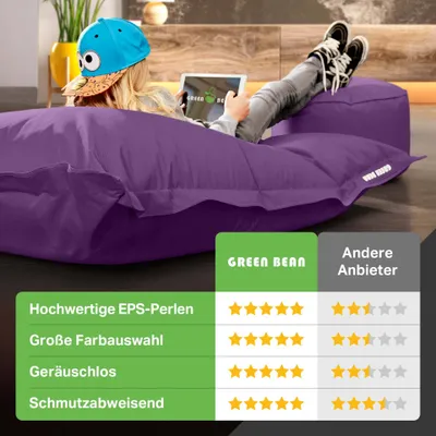 Produktbild von Green Bean® XXL Riesensitzsack 140x180cm + Hocker 40x40x40cm mit EPS-Perlen Füllung - 2er Set Sitzsack "Square+Stay" Lila