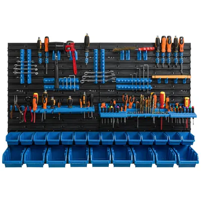 A wall-mounted tool organizer with various tools and storage bins.