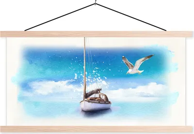 Produktbild von MuchoWow® Textilposter Segelboot - Vogel - Meer 120x60 cm mit holzfarbenen Rahmen - Klemmleiste