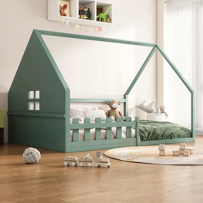 Produktbild von Flachbett, 140*200 cm, Kinderbett, Hausleiste, Geländer, Kiefernholz, Grün