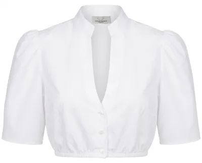Produktbild von Dirndlbluse Chiara aus 100% Baumwolle, weiß, mit kurzem Stehkragen und V-Ausschnitt, Größe 38