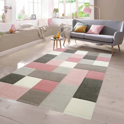 Obrázek produktu pro Moderní koberec v pastelových barvách s kostkovaným vzorem, růžová, krémová, hnědá, rozměry – 80 x 150 cm