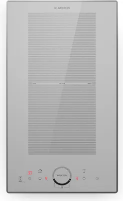 A top-down view of a white induction cooktop with a gray surface and controls at the bottom.