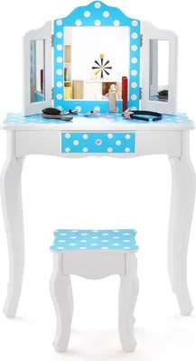 Produktbild von GOPLUS Schmink für Kinder, Prinzessinnen-Frisiertisch mit Spiegel, Abnehmbarer Platte, Kinder Schminktisch mit Schublade & Hocker, Kosmetiktisch Mädchen (Blau Pünktchen)
