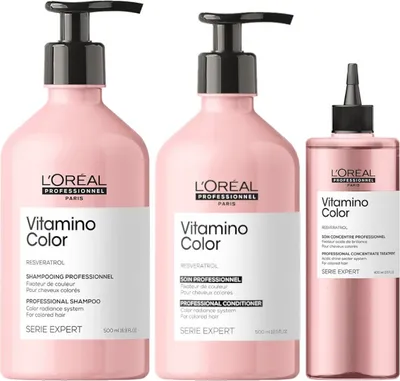 Zdjęcie produktu dla Loreal Vitamino Color Szampon 500ml + Loreal Vitamino Color Odżywka 500ml + Loreal Vitamino Color Acidic Treatment 400ml NOWOŚĆ