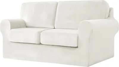 Produktbild von (Weiß) 5-teiliger Stretch-Sofabezug, 2-Sitzer-Couchbezug mit separaten Rückenlehnen und Kissen mit Gummiband