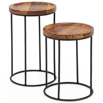 Produktbild von WOHNLING Satztisch WL5.661 Sheesham Metall Beistelltisch 2er Set Klein Couchtisch Set 2 Holz Tische Massivholz Wohnzimmertisch Metallgestell Schmaler