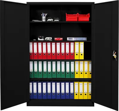 Produktbild von Flügeltürenschrank ELEPHANT mit 2 Türen, abschließbar | HxBxT 180x120x40cm | 4 Ebenen | Stahl mit Pulverbeschichtung | Schwarz | Spind Aktenschrank Metallschrank Werkstattschrank Mehrzweckschrank
