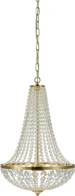 A crystal chandelier with brass accents, suspended by a chain against a white background.
