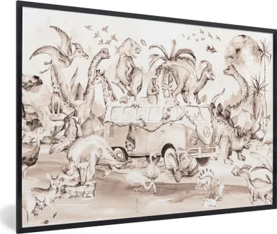 Produktbild von MuchoWow® Gerahmtes Poster Dinosaurier - Bus - Kinder - Tiere - Bäume 30x20 cm - Poster mit Schwarzem Bilderrahmen Wandposter Rahmen Foto Bilder - Kunstdruck - Bild-Poster