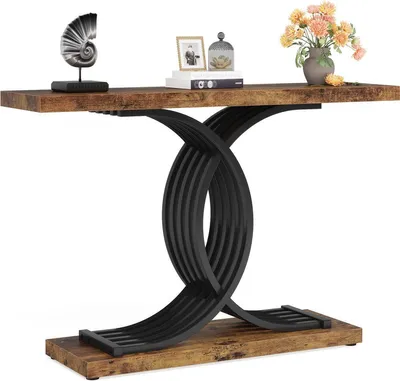 Image de Table console - Style industriel - Bois et métal - Noir et marron - 30 x 100 x 80 cm