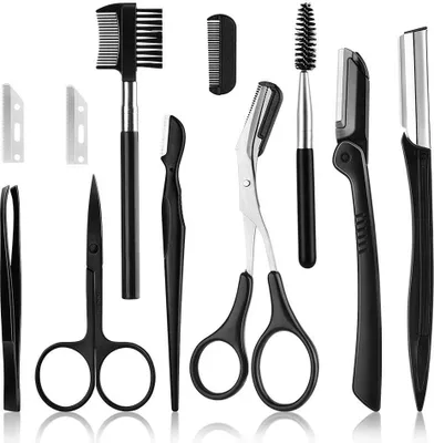 Produktbild von Augenbrauenrasierer, 11-in-1-Augenbrauen-Set, Mehrzweck-Peeling-Tool, Gesichtsrasierer für Frauen, einschließlich Gesichtstrimmer-Rasierer, Augenbrauenbürste, Schere, Pinzette, Aufbewahrungstasche