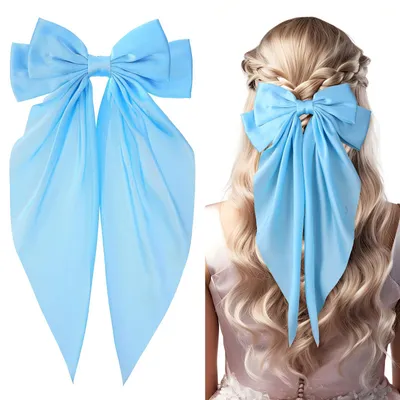 Produktbild von Haarschleife für Damen, Haarspange mit langem Band, große Schleifennadel, lange französische Haarspange mit Band, weiche Satinseidenschleifen für Damen und Mädchen, blau