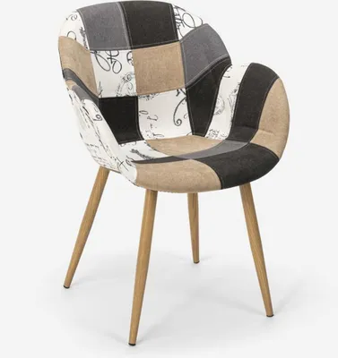 A patchwork chair with wooden legs on a white background.