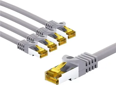 Immagine prodotto di Cavo patch RJ45 CAT 6A S/FTP (PiMF), 500 MHz con cavo grezzo CAT 7, 5 m, grigio, set da 5, 5 m - Rivestimento del cavo privo di alogeni LSZH, connettore RJ45 (CAT 6A), CU