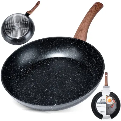 A frying pan with a wooden handle is shown from multiple angles, including a close-up of the interior and a view of the base. A smaller inset image shows the pan with a fried egg.
