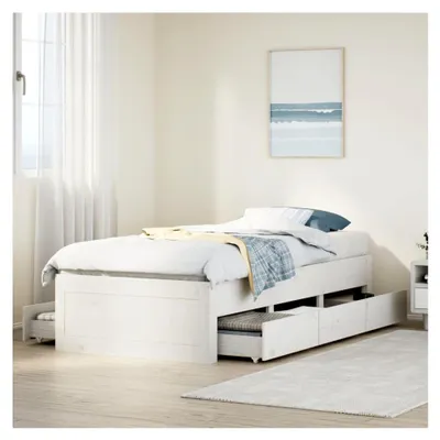Produktbild von Bettgestell ohne Matratze mit Schubladen Weiß 90x190 cm Einzelbett aus massivem Kiefernholz