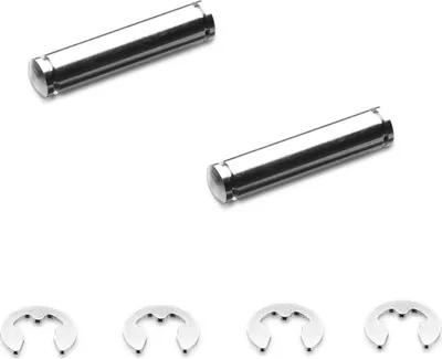 Two metal pins and four C-shaped clips on a white background.