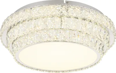 Produktbild von Globo Lighting Deckenleuchte Metall verchromt, K5 Kristalle klar, Acrylkristalle klar, dimmbar, mehrere Stufen über Wandschalter, Farben fixierbar, Memoryfunktion, Nachtlicht, Fernbedienung, Batterie inkludiert 2x AAA 1.5V, ø: 500mm, H: 155mm, inkl. LED 48W 230V, 680-5962lm Source, 380-3400lm Output, CCT 2700-6000K