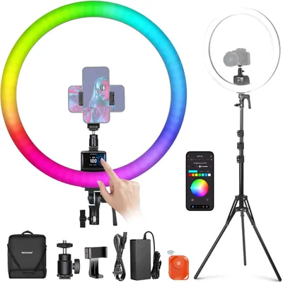 Image de Kit de lumière annulaire LED RGB - Lampe annulaire, lumière pour vlog, lampe pour selfies - 45 cm, 55 W, 864 LED