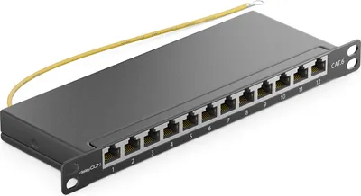 Produktbild von deleyCON CAT 6 0,5 HE Patchpanel Mini Verteilerfeld 12 Port - Desktop 10" Zoll Rackeinbau Servermontage RJ45 geschirmt TIA568A TIA568B RAL 9005 Schwarz