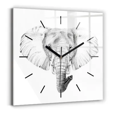 Produktbild von Wallfluent Wanduhr – Stilles Quarzuhrwerk - Uhr Dekoration Wohnzimmer Schlafzimmer Küche - Zifferblatt mit Striche - schwarze Zeiger - 30x30 cm - Grafik Elefantenkopf