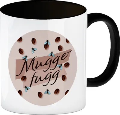 Produktbild von Muggefugg Malzkaffee Kaffeebecher in schwarz mit Kaffeebohnen und Fliegen braun