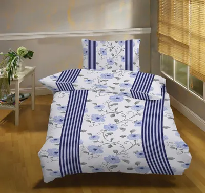 Produktbild von Winter-Bettwäsche Biber, 100% BW, 135x200, Weiß/Blau mit Streifen & Blüten