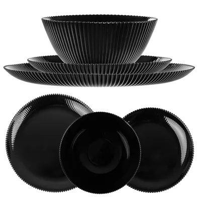 Produktbild von KADAX Geschirrset für 1 Person, 3-teilig, schwarze Tafelservice aus Opalglas mit Suppenschalen, Speisetellern & Desserttellern, Spülmaschinenfest (Schwarz XL)