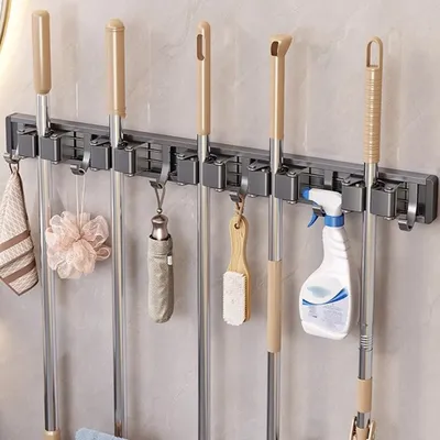 Produktbild von Werkzeughalter, Gerätehalter, Wandhalterung Besenhalterung, Wand Aluminium Gartengerätehalter, Lochfreier selbstklebender Wandhaken, Besenhalterung
