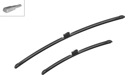 Two windshield wiper blades are shown against a white background. A small inset image in the top left shows a close-up of one of the wiper blade connectors.