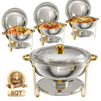 Produktbild von WARMOUNTS Chafing Dish Set 4er 7,6L Edelstahl Gold, Buffet Warmhaltebehälter rund, Speisenwärmer für Catering, Hochzeit & Party, extra groß