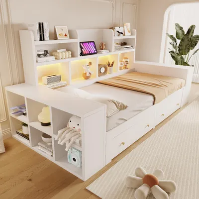 Productafbeelding van MODFU Uittrekbare slaapbank 90/180 x 200 met een matras, dagbed met opbergruimte, multifunctioneel bed met LED-verlichting, jeugdbed met lades, wit
