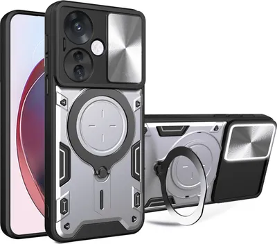 Produktbild von Handyhülle für Oppo Reno11 F Dual-Layer Stoßfest Rüstung Hülle mit Dia Kameraschutz und Kreisförmig Ring Ständer Silber