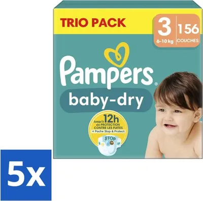 Image de Pampers – Couches – Baby-Dry, lot de 3 paquets, taille 3 (6-10 kg) – 156 couches - Lot économique - 5 pièces