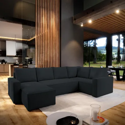 Produktbild von Masseno Ecksofa NORENA R-S mit Schlaffunktion U-Form, Sofa mit Bettkasten, Wohnzimmersofa, Couch, Soffa, Bettsofa, Couchgarnitur- Schwarz, POSO 135