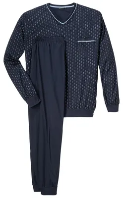 Produktbild von XXL Götzburg V-Neck Pyjama lang navy gemustert