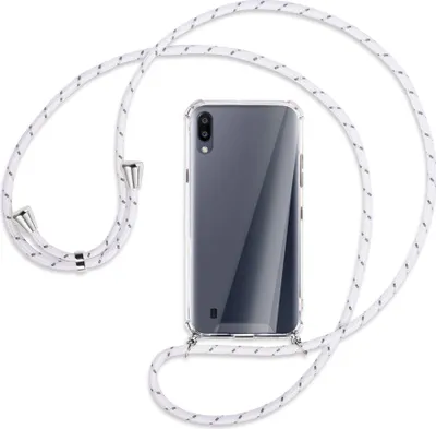 Produktbild von Handykette Backcover-Schutzhülle mit Band (Metall silberfarben) für Samsung Galaxy A10 - weiß/grau