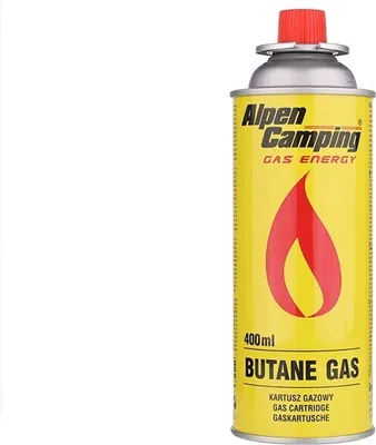 A yellow gas cartridge with red and black text and a red flame graphic.