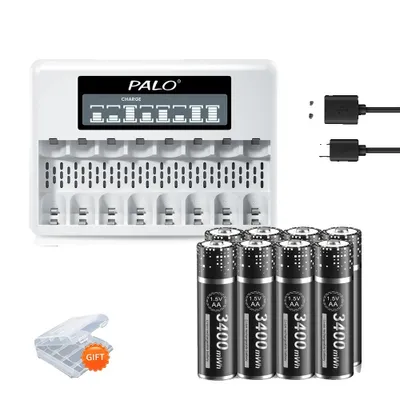 Obrázok produktu pre Lítiová batéria PALO 1,5 V AA, kapacita 3400 MWh, rýchle nabíjanie s nabíjačkou, 8 AA s 1 nabíjačkou