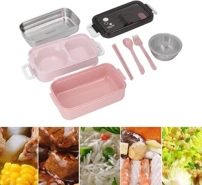 Immagine prodotto di Contenitore per il pranzo isolato a doppio strato, acciaio inossidabile, rosa corallo, chiusura pieghevole
