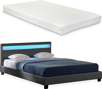 Produktbild von LED Polsterbett Matratze 140x200cm Dunkelgrau Kunst-Leder Doppel Bett CORIUM